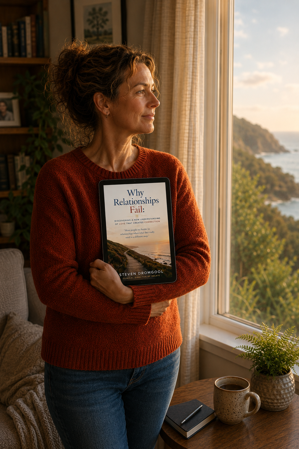 Middle-aged woman standing by a window in soft morning light, holding a tablet displaying the ebook Why Relationships Fail while looking thoughtfully outside at a coastal landscape. The calm living room setting, warm colors, and reflective expression convey emotional healing, hope, relationship insight, and personal growth.