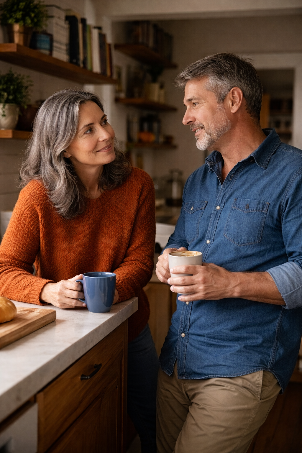 Man and woman in a kitchen holding coffee cups, smiling at each other.