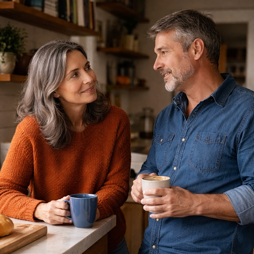 Man and woman sitting together in a kitchen holding coffee mugs.