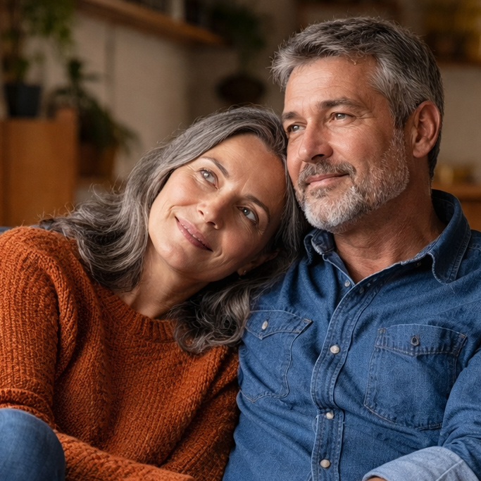 Couple sitting together at home. Thoughtful, warm and hopeful