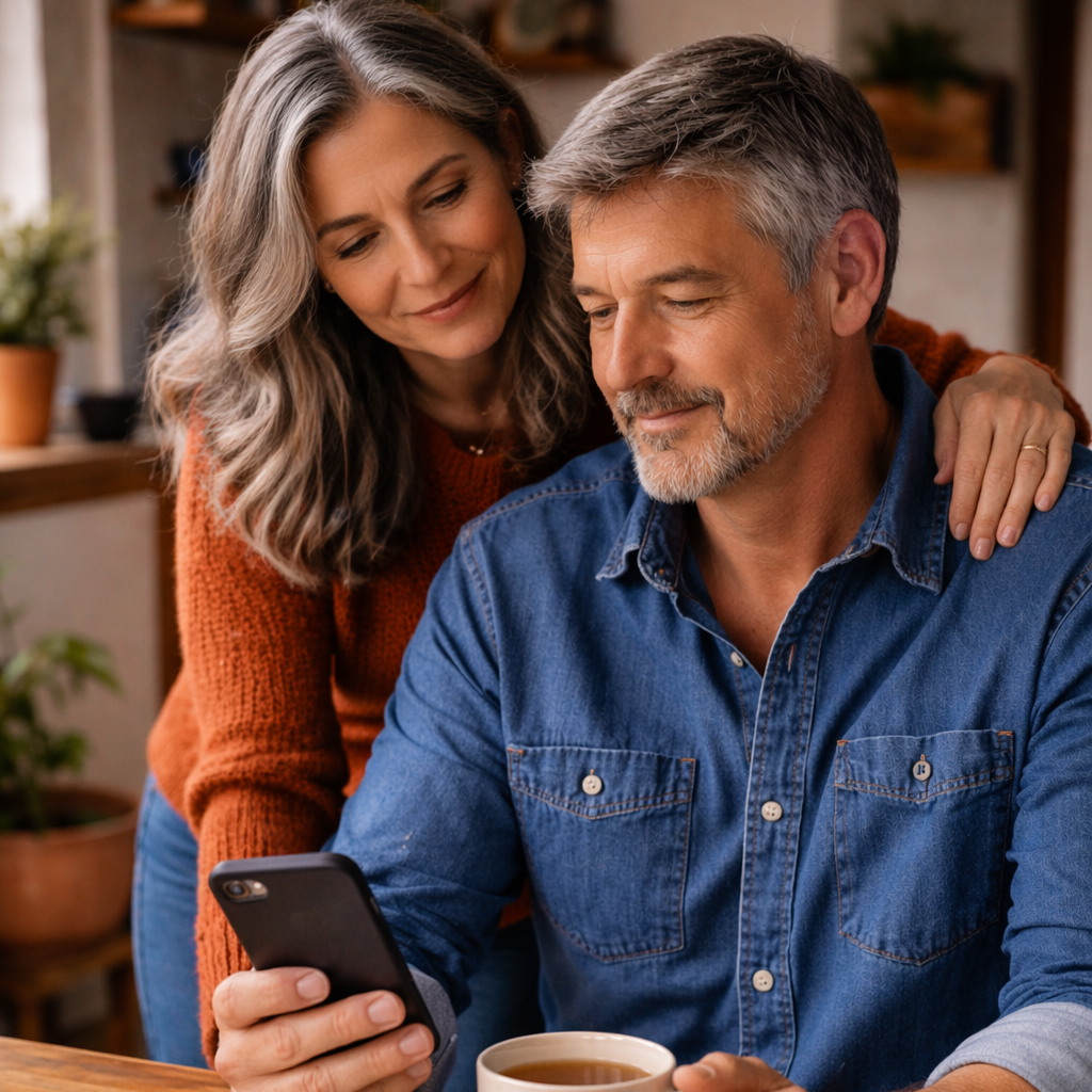 Man and woman sitting together at a table with a phone and coffee, in a home setting.