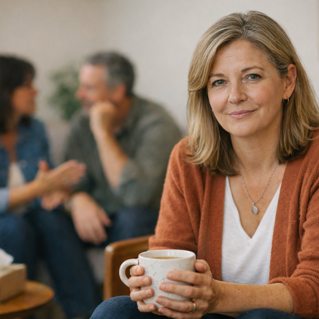 Couples therapist holding a mug in a living room with blurred couple in the background practicing communication skills