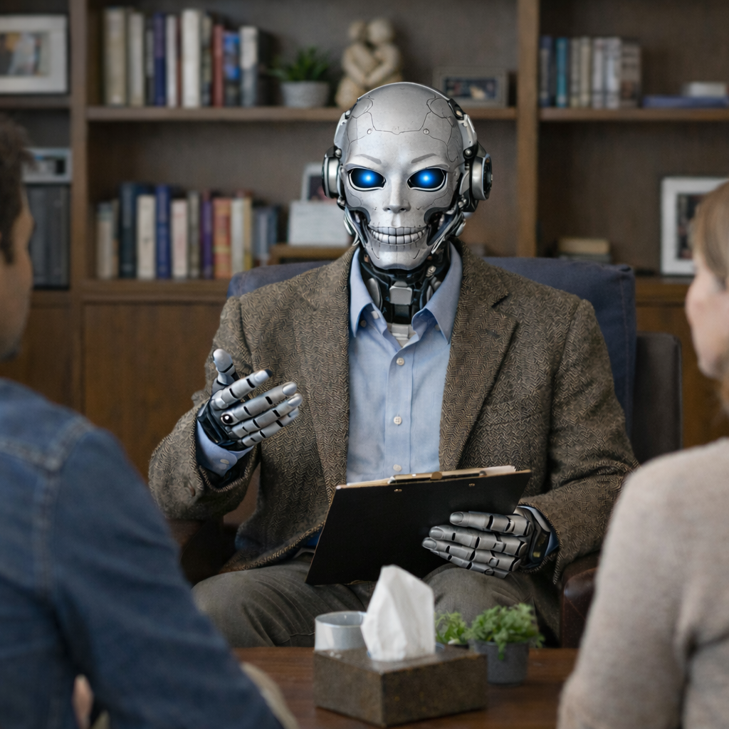 Robot in a suit doing Gottman Method Therapy sitting between a couple.