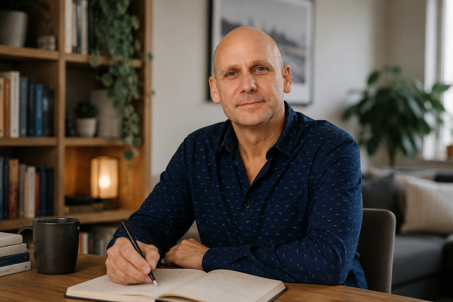Steven Dromgool sitting at a wooden desk writing in a notebook, photographed in warm natural light with bookshelves and indoor plants in the background, creating a calm and reflective atmosphere.