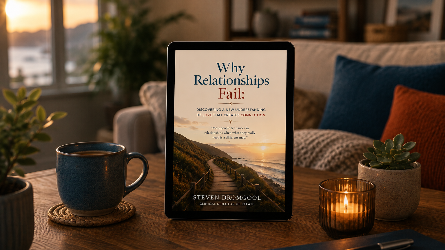 Tablet standing on a wooden coffee table displaying the ebook cover Why Relationships Fail by Steven Dromgool in a warm, inviting living room. Soft sunset lighting, a coffee mug, candle, indoor plants, and textured cushions create a calm, reassuring atmosphere designed to evoke reflection and trust.