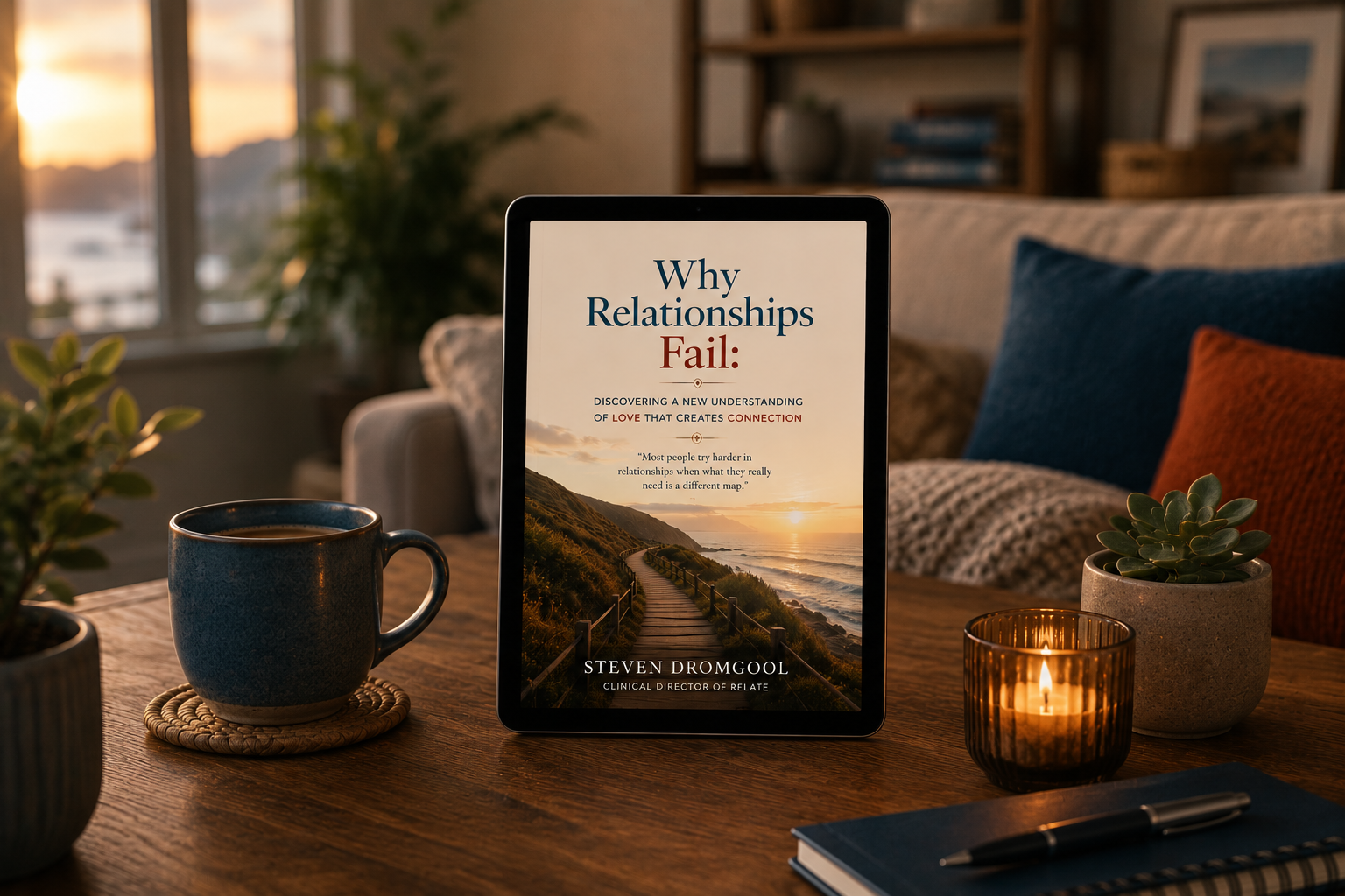 Tablet standing on a wooden coffee table displaying the ebook cover Why Relationships Fail by Steven Dromgool in a warm, inviting living room. Soft sunset lighting, a coffee mug, candle, indoor plants, and textured cushions create a calm, reassuring atmosphere designed to evoke reflection and trust.