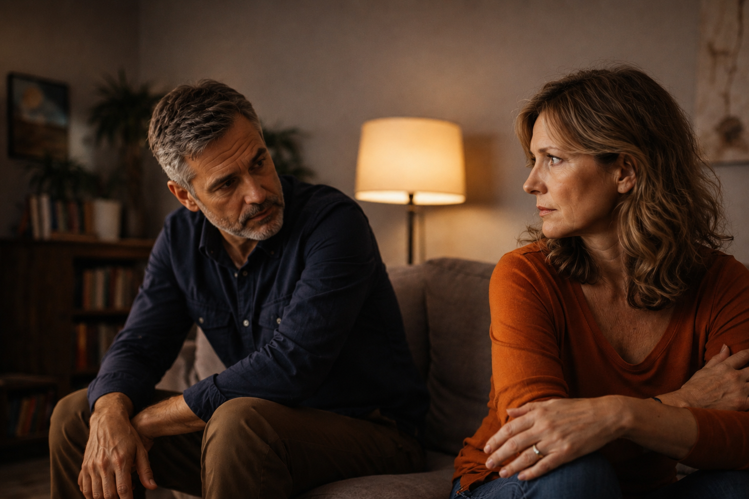 A middle-aged couple sits on a couch in a warmly lit living room, turning toward one another with serious, thoughtful expressions. Their body language suggests emotional tension and an important conversation rather than open conflict.