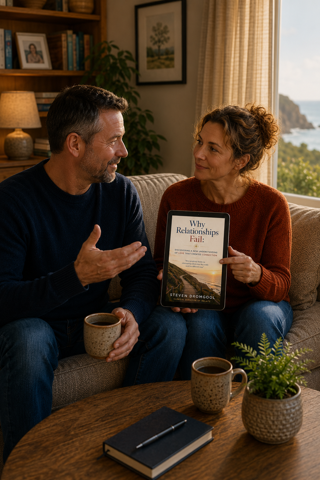 Middle-aged couple sitting together on a couch in a warm living room, talking thoughtfully while looking at a tablet displaying the ebook Why Relationships Fail by Steven Dromgool. The calm conversation, soft lighting, and relaxed home setting convey emotional connection, communication, relationship growth, and healing after relationship struggles.