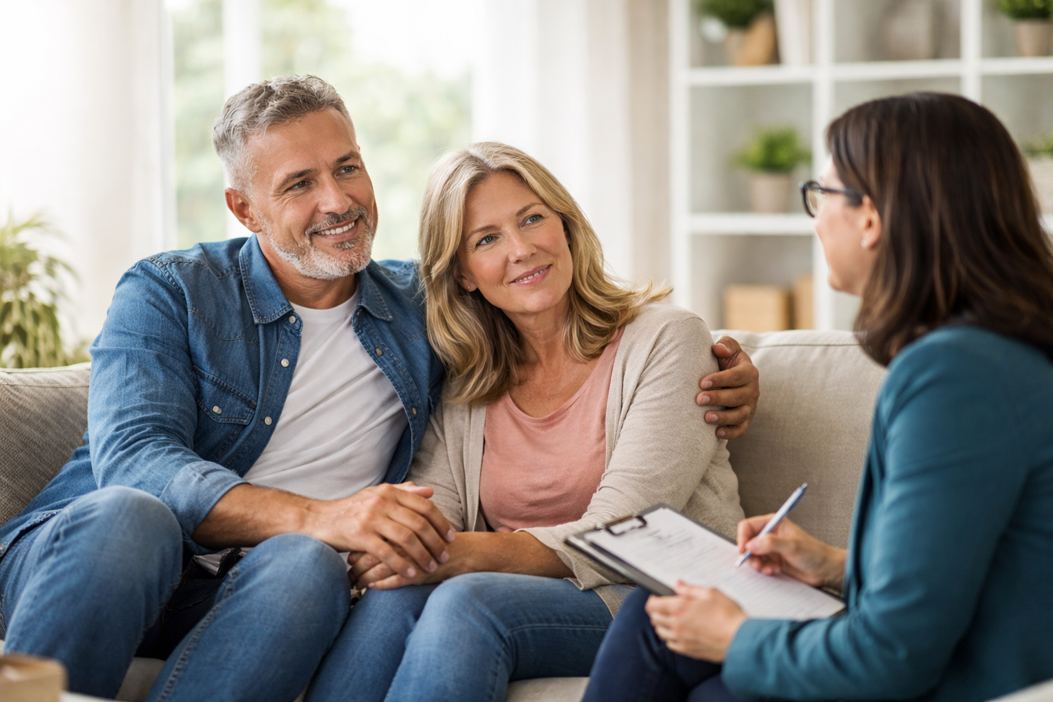 Middle-aged couple sitting together with a therapist during a couples counselling session, showing support, connection, and guidance