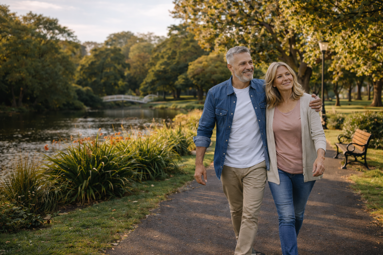 Middle-aged couple walking together along a park path, smiling and relaxed, representing connection and a healthy relationship
