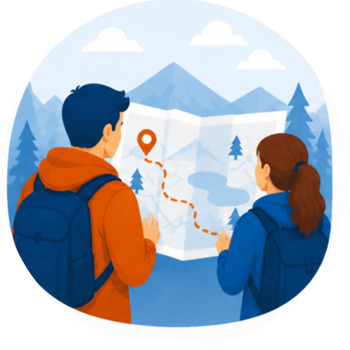 Middle-aged couple in outdoor clothing stand side-by-side, facing away and looking at a large map with a marked route through mountains and trees, representing understanding their relationship pattern.