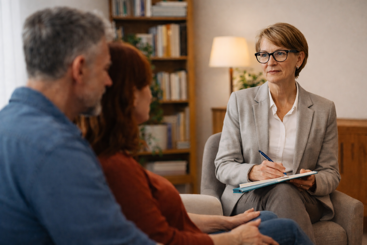 A confident therapist conducting a session with a couple in a counseling office.