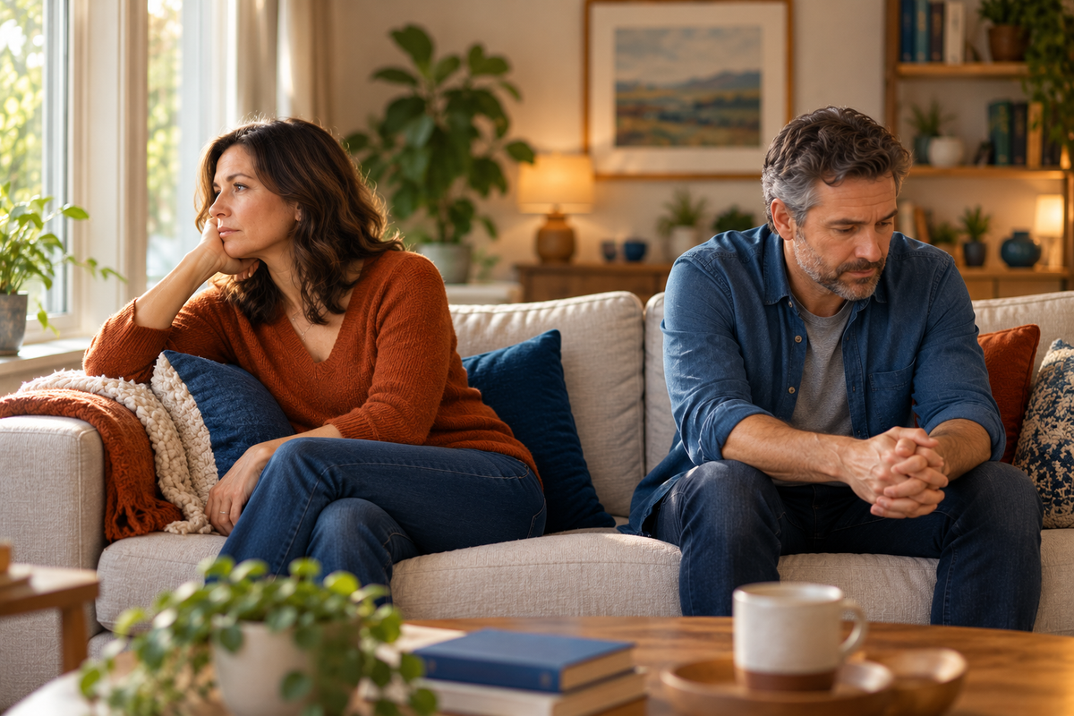 Couple sitting apart on a sofa, looking thoughtful and emotionally disconnected despite being physically close.