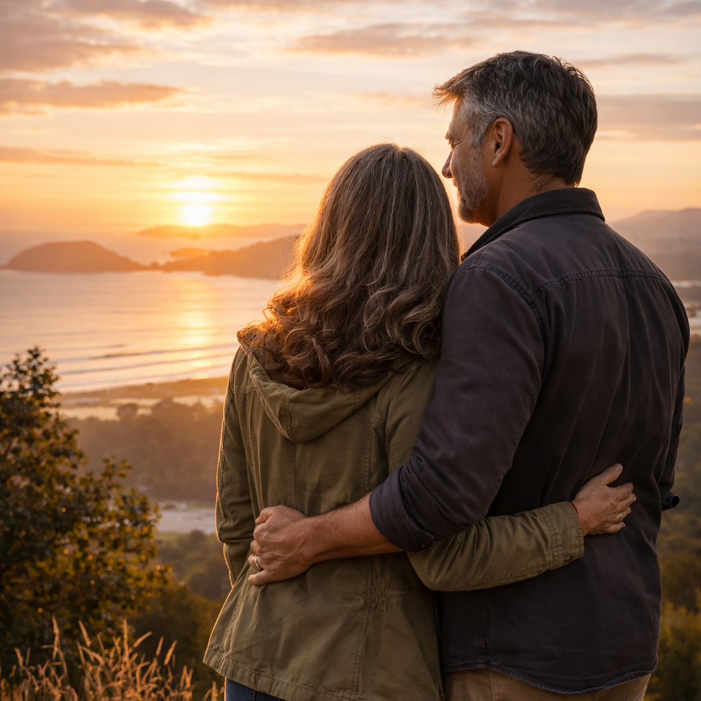 Couple embracing on a hilltop at sunset, overlooking a scenic landscape.