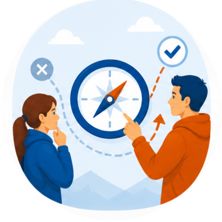 Couple stands beside a large compass showing a shift in direction from an incorrect path to a correct one, symbolizing changing focus from the wrong relationship goals to what truly matters.
