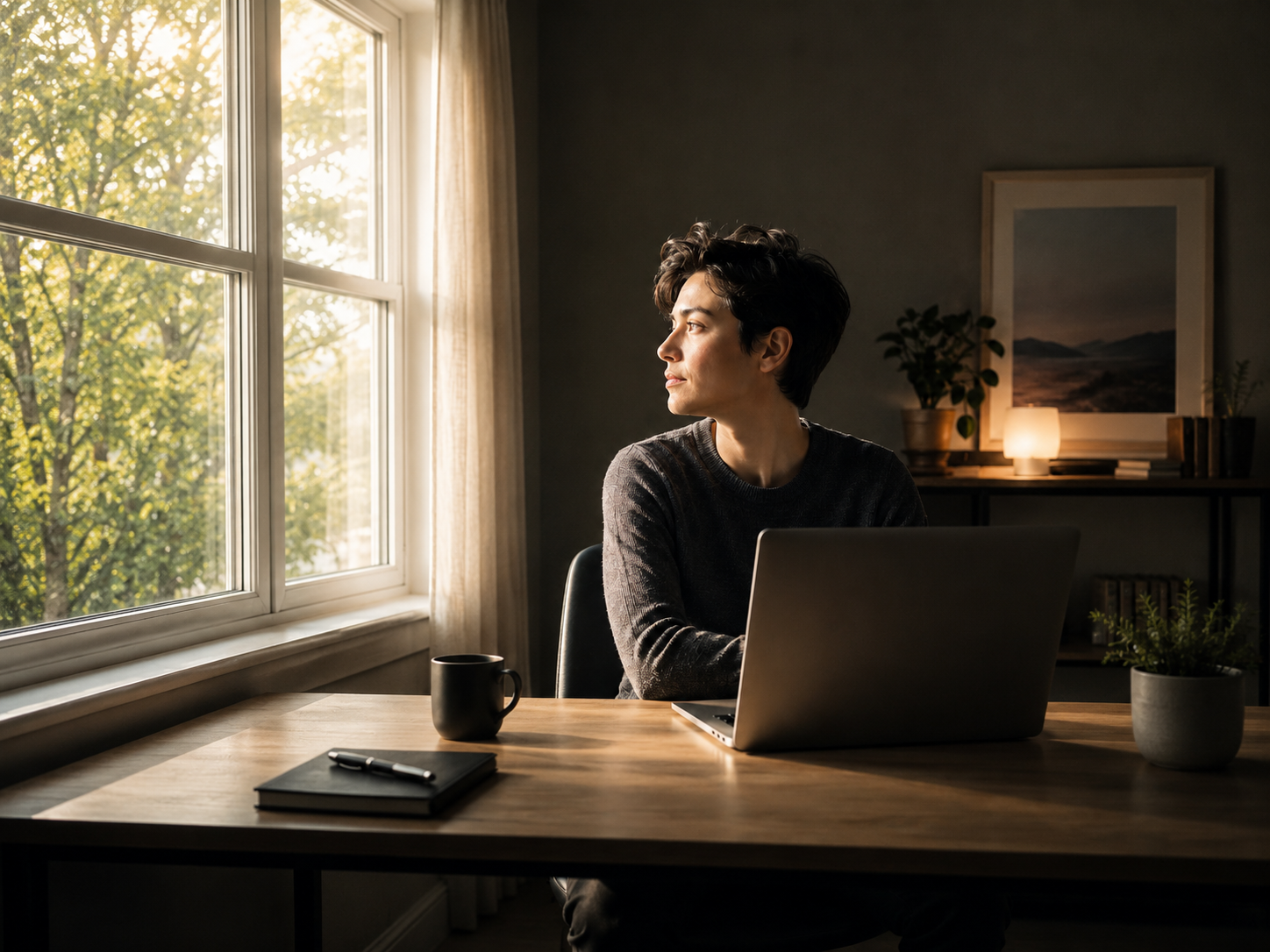 An adult struggling with compulsive sex addiction sits at a desk beside an open laptop, gazing thoughtfully toward a sunlit window in a calm, warmly lit home office.