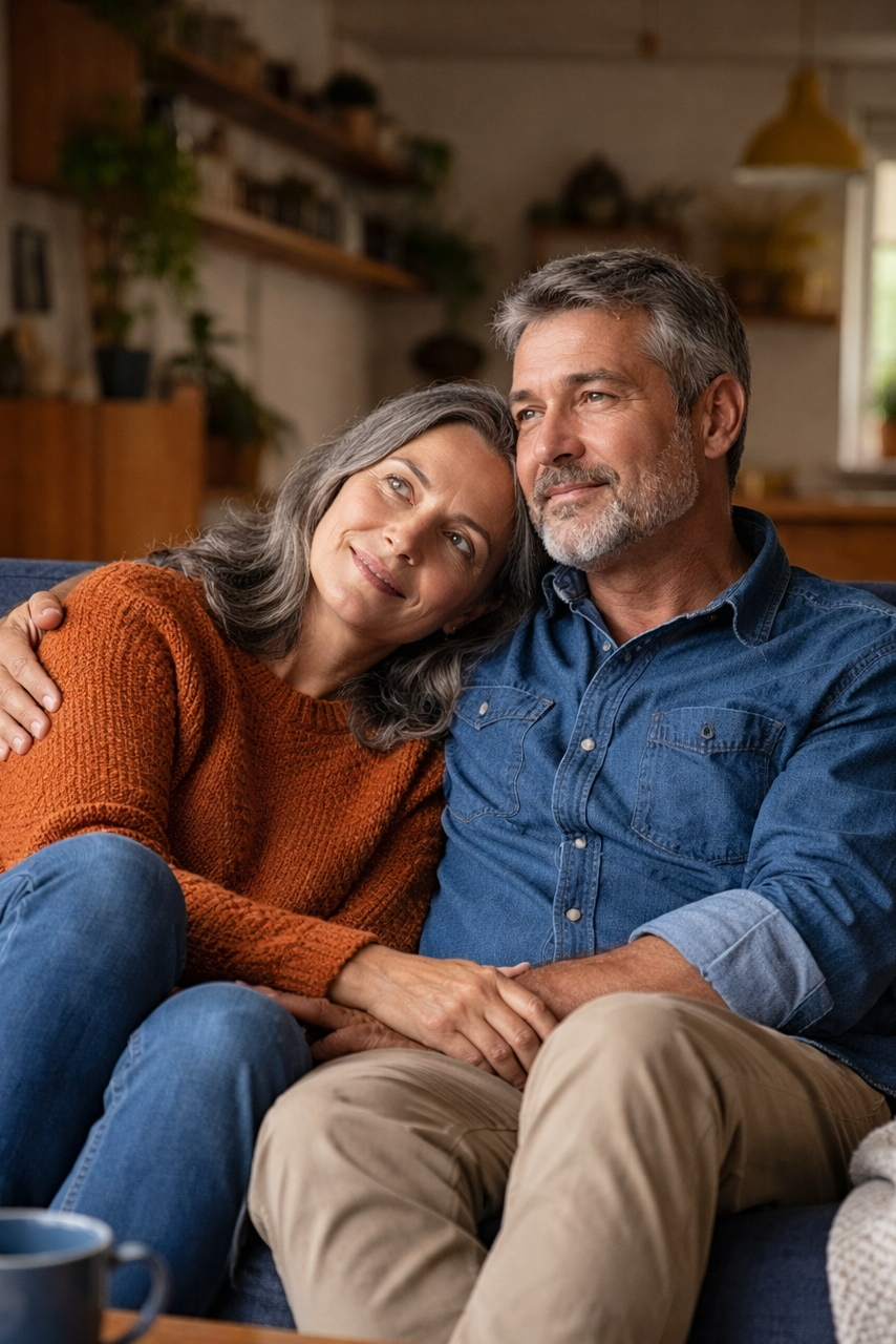 Couple sitting together at home. Thoughtful, warm and hopeful