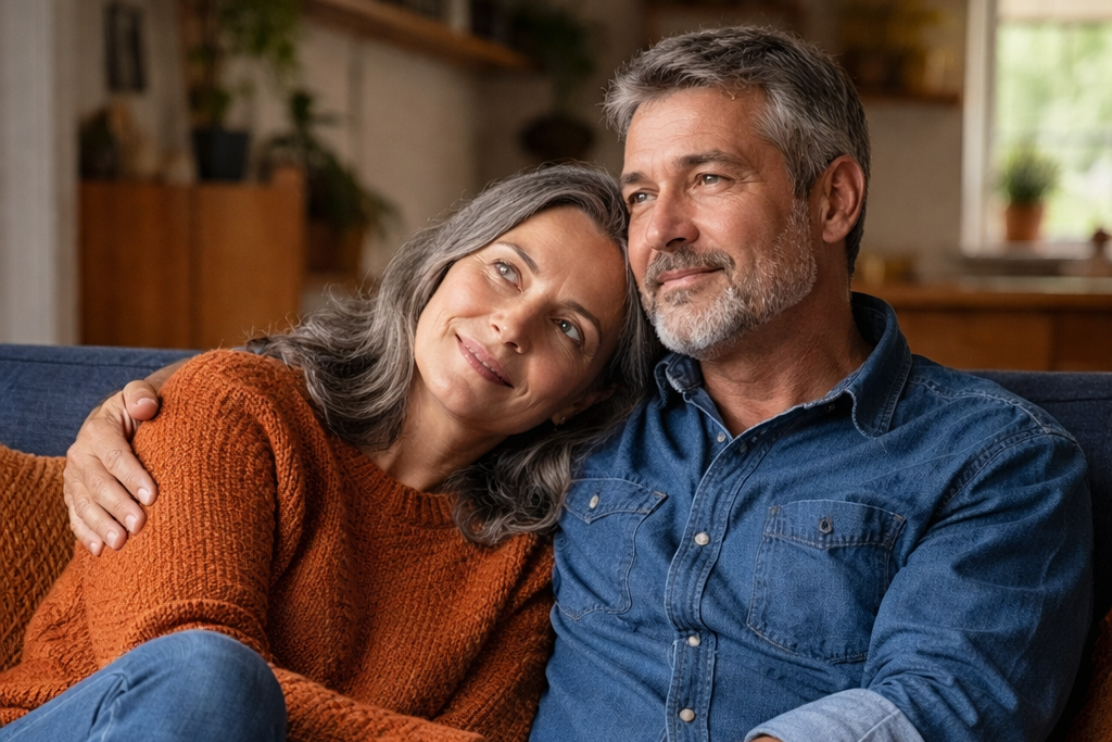 Couple sitting together at home. Thoughtful, warm and hopeful