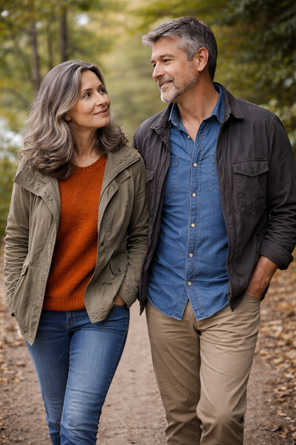Man and woman walking together in a forested area