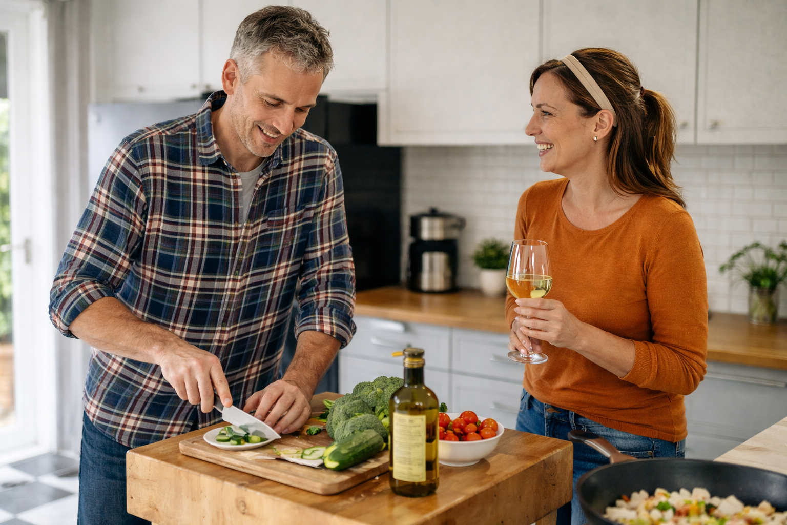 Couple cooking together at home, showing a healthy and connected relationship