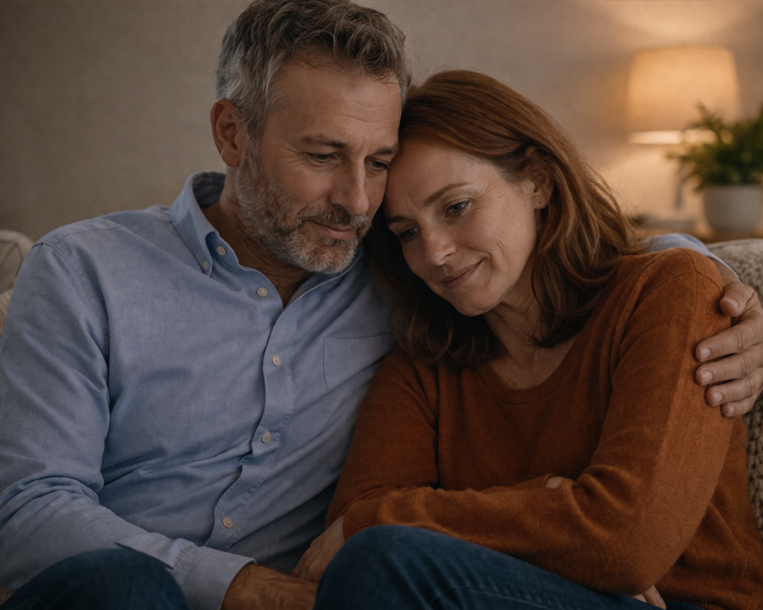 Man and woman sitting close together on a couch in a cozy room.