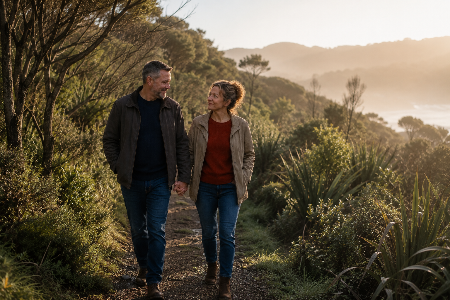 Middle-aged couple walking hand-in-hand along a native coastal bush track in early morning light, surrounded by lush New Zealand-style greenery and ocean hills in the distance. The peaceful outdoor scene conveys emotional connection, healing, companionship, and renewed closeness in a long-term relationship.