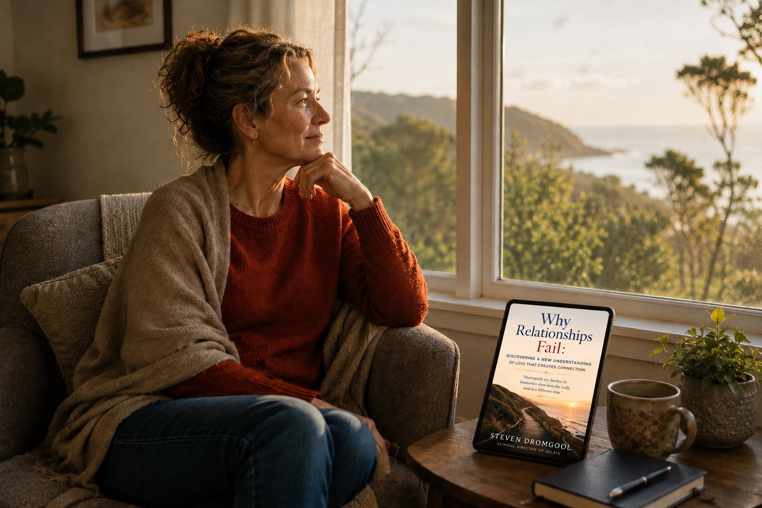 Woman sitting beside a window at sunset reflecting quietly with the ebook “Why Relationships Fail: Discovering a New Understanding of Love That Creates Connection” displayed on a tablet in a calm, cosy living room.