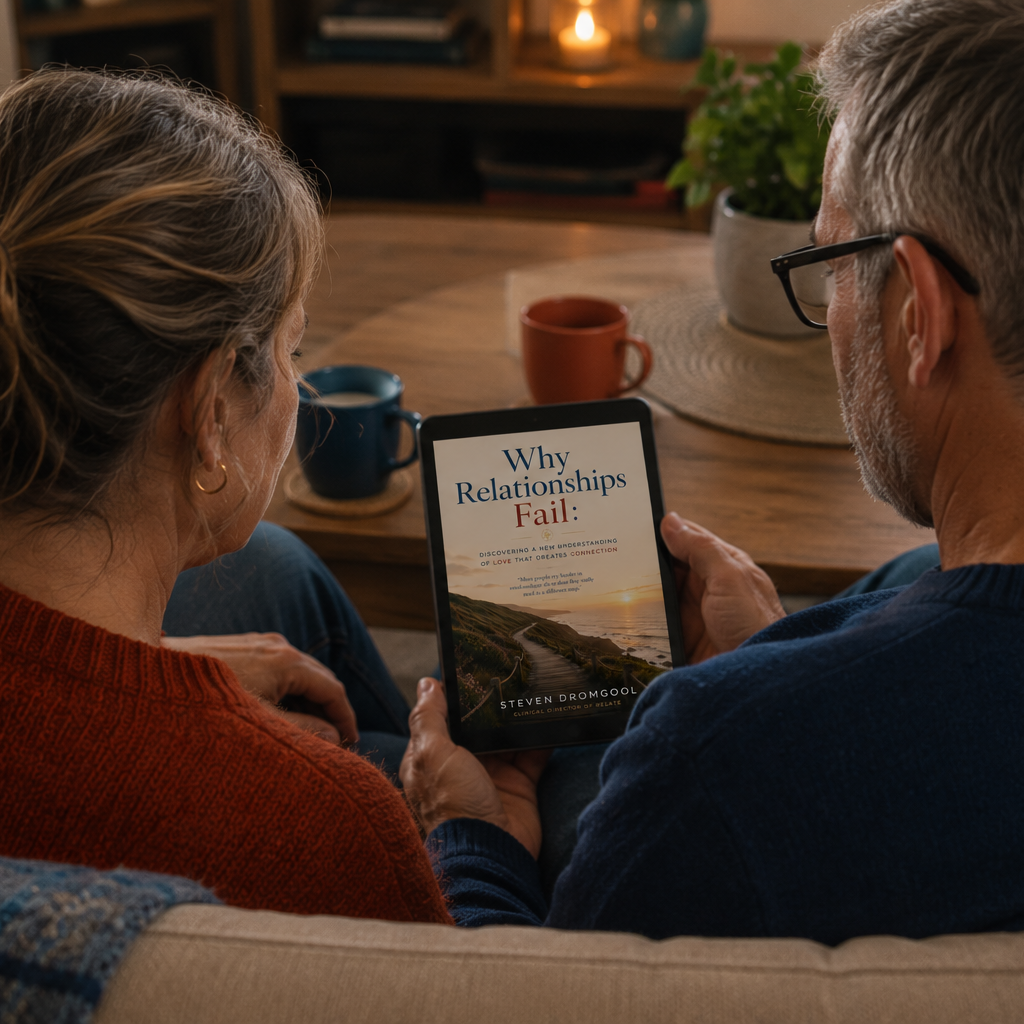Over-the-shoulder view of a middle-aged couple sitting closely together on a couch, reading a relationship ebook on a tablet in a warmly lit living room. The tablet displays a page from Why Relationships Fail by Steven Dromgool, surrounded by cozy decor, mugs, and soft evening lighting.