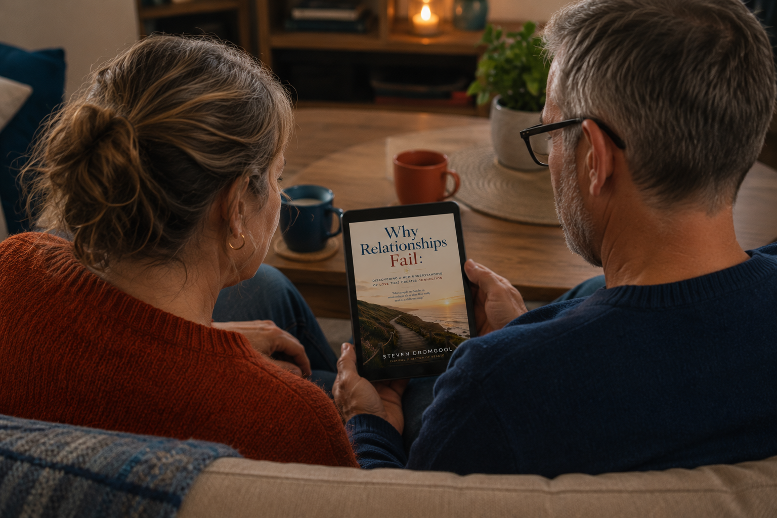 Over-the-shoulder view of a middle-aged couple sitting closely together on a couch, reading a relationship ebook on a tablet in a warmly lit living room. The tablet displays a page from Why Relationships Fail by Steven Dromgool, surrounded by cozy decor, mugs, and soft evening lighting.