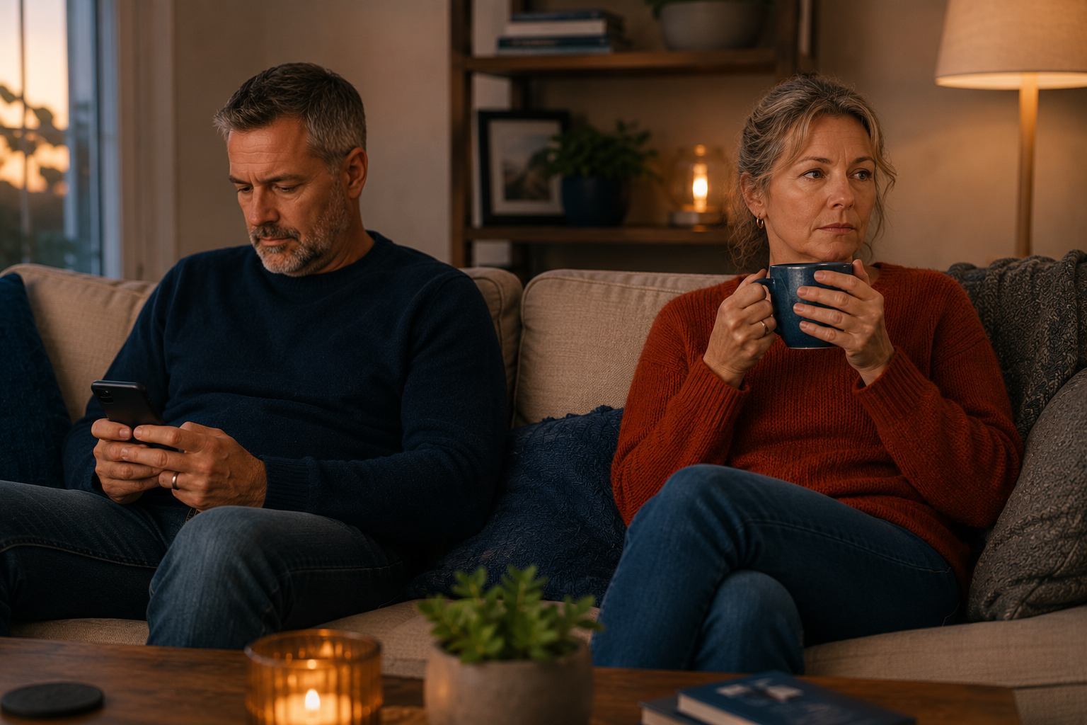 Middle-aged couple sitting apart on a couch in a warm living room, appearing emotionally disconnected. The man looks at his phone while the woman drinks coffee and stares away thoughtfully, illustrating relationship stress, emotional distance, communication problems, and modern relationship struggles.