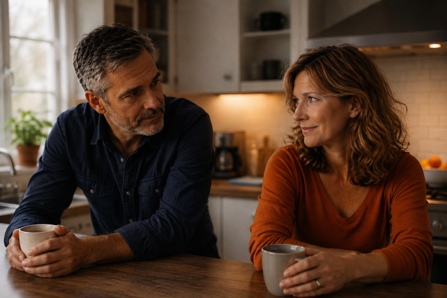 A middle-aged couple stands together in a cozy kitchen holding mugs and exchanging soft, weary smiles. Warm lighting and relaxed body language suggest comfort, familiarity, and affection after a difficult day.
