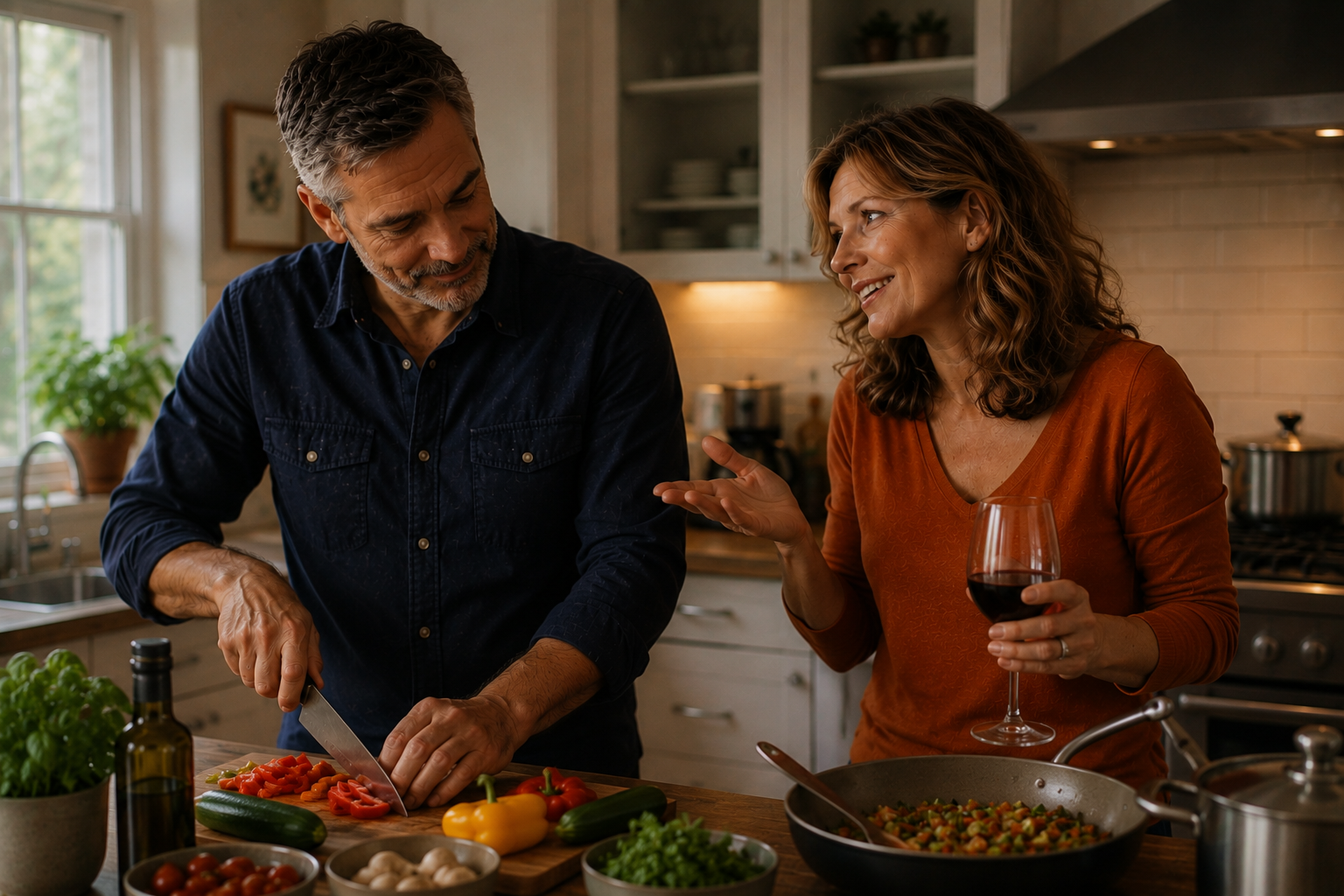 A middle-aged man chops vegetables at a kitchen counter while a woman beside him talks animatedly with a smile, holding a glass of wine. The warm kitchen setting and relaxed expressions convey affection, humor, and everyday companionship.