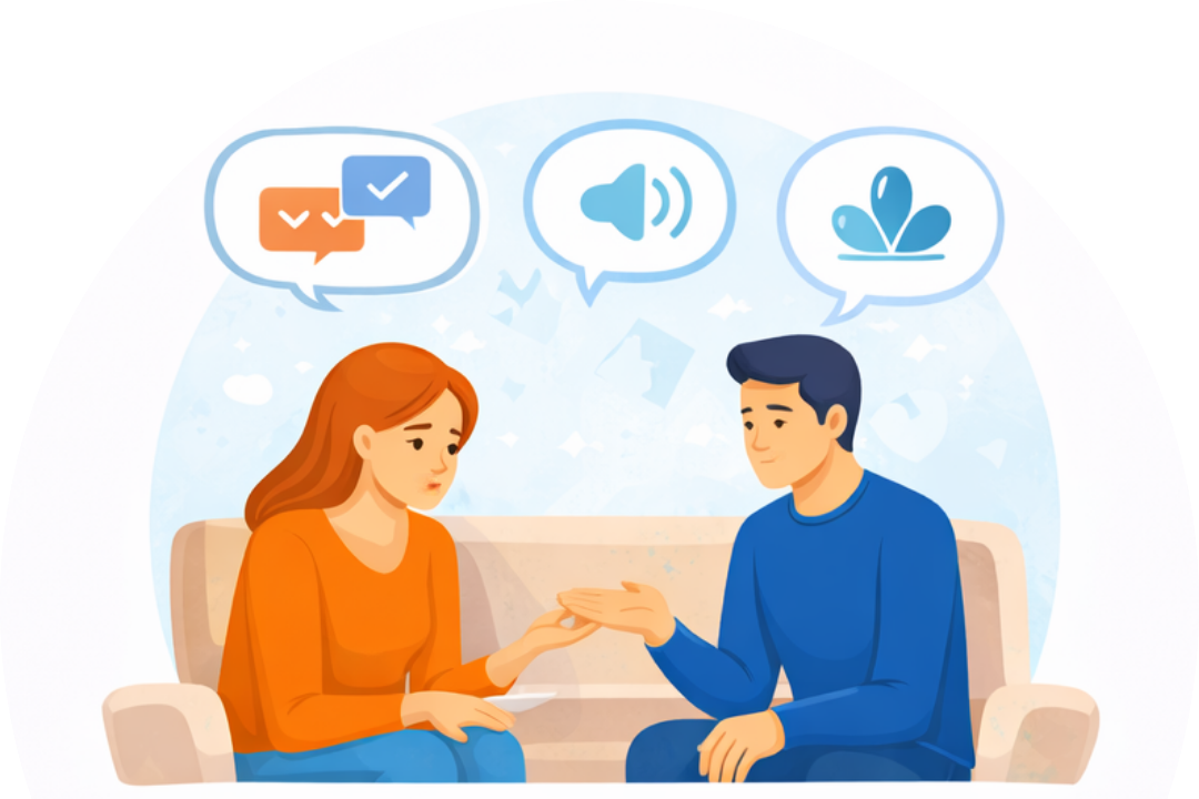 Couple discussing communication strategies like listening and staying calm during conflict