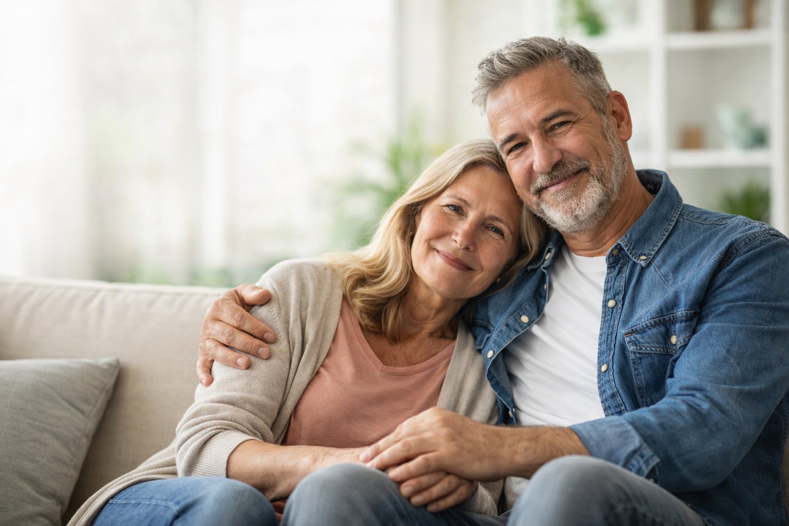 Middle-aged couple sitting closely together on a couch, showing warmth, connection, and support in a relaxed home environment