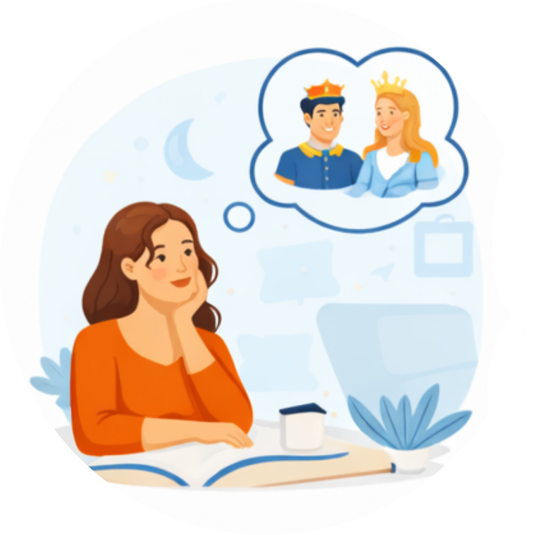 Illustration of a woman thinking about an ideal romantic partner, representing cultural expectations of “the one” in relationships