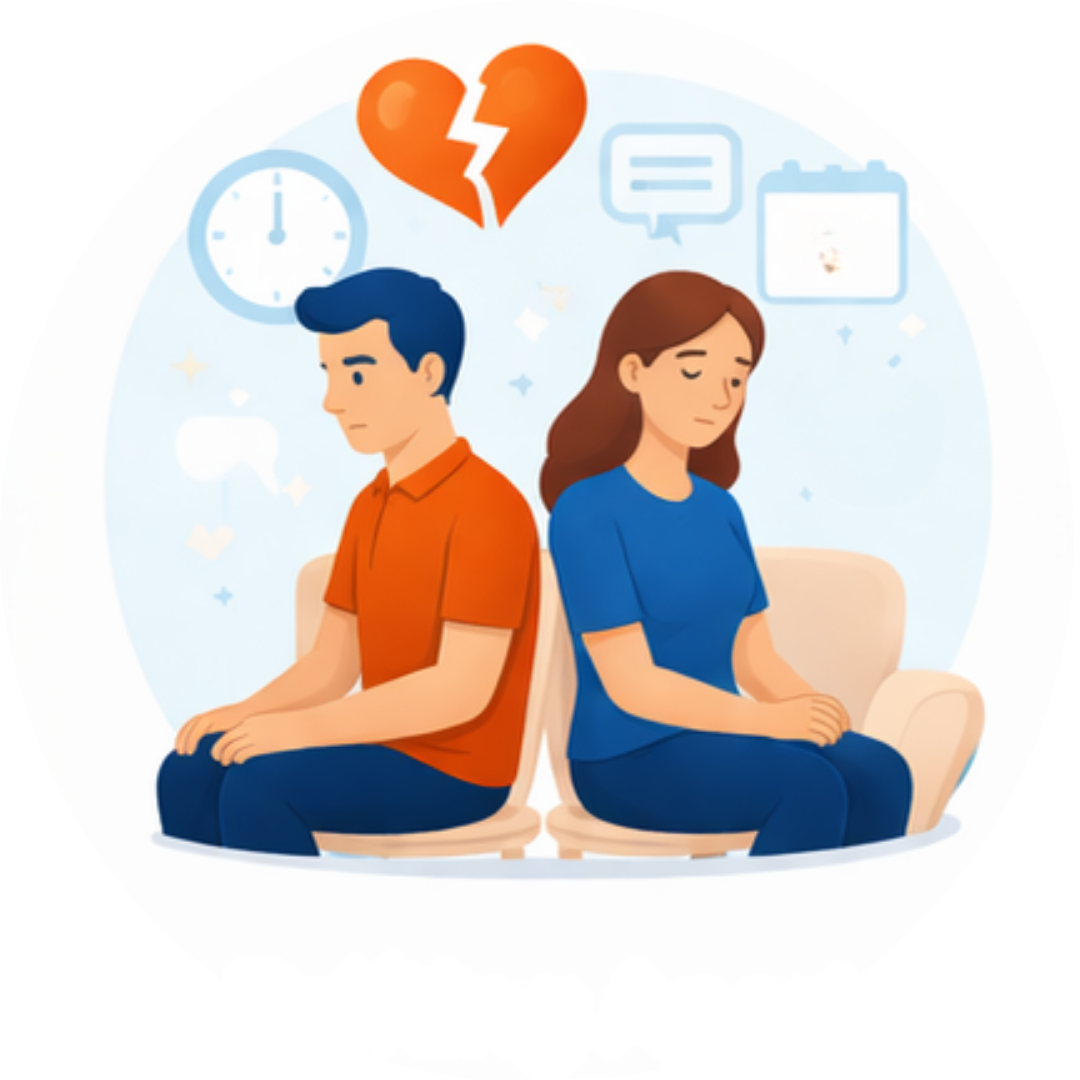 Couple sitting apart and looking distant, representing growing emotional disconnection over time