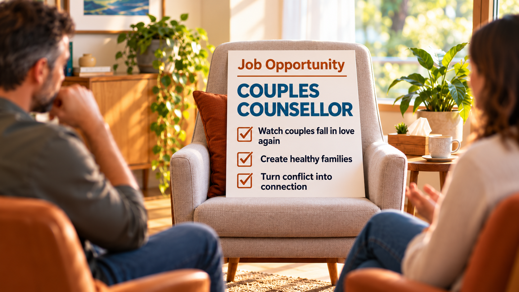Bright counselling-room image with a couple seated opposite an empty therapist chair. A job-style sign on the chair reads “Couples Counsellor” with the benefits “Watch couples fall in love again,” “Create healthy families,” and “Turn conflict into connection.”