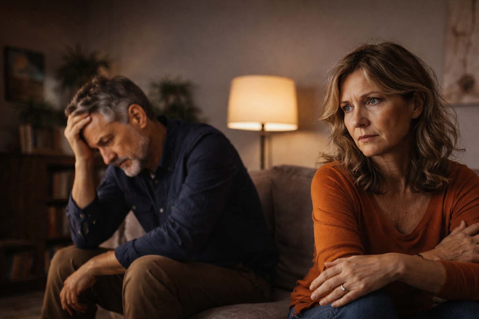 Middle-aged couple sitting apart on a couch looking frustrated and emotionally distant, showing relationship conflict and disconnection
