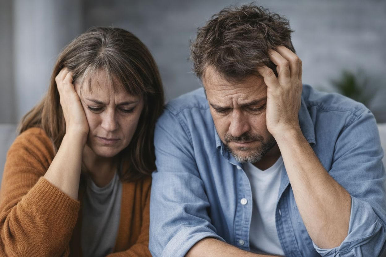 Middle-aged couple sitting on a couch looking distressed and frustrated, representing relationship tension before seeking therapy.