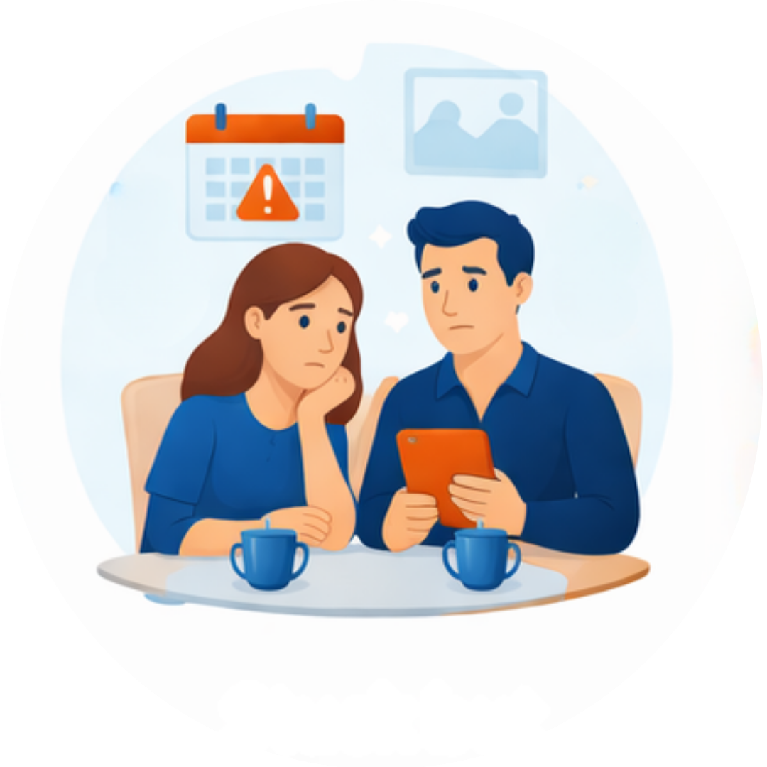 Couple sitting together but looking unhappy and disengaged, reflecting a relationship that feels stuck