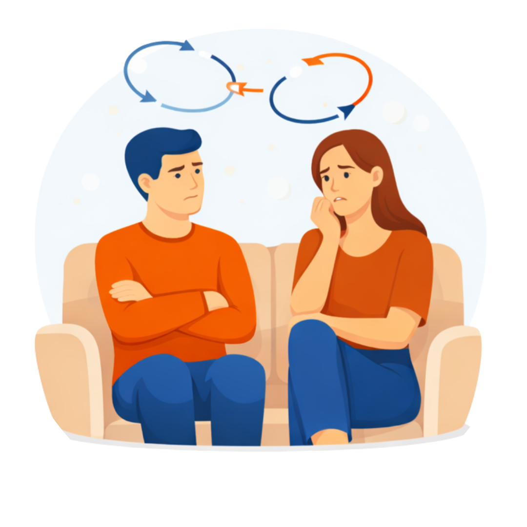 Couple sitting apart on a couch with circular arrows above them, representing repeated unresolved relationship patterns