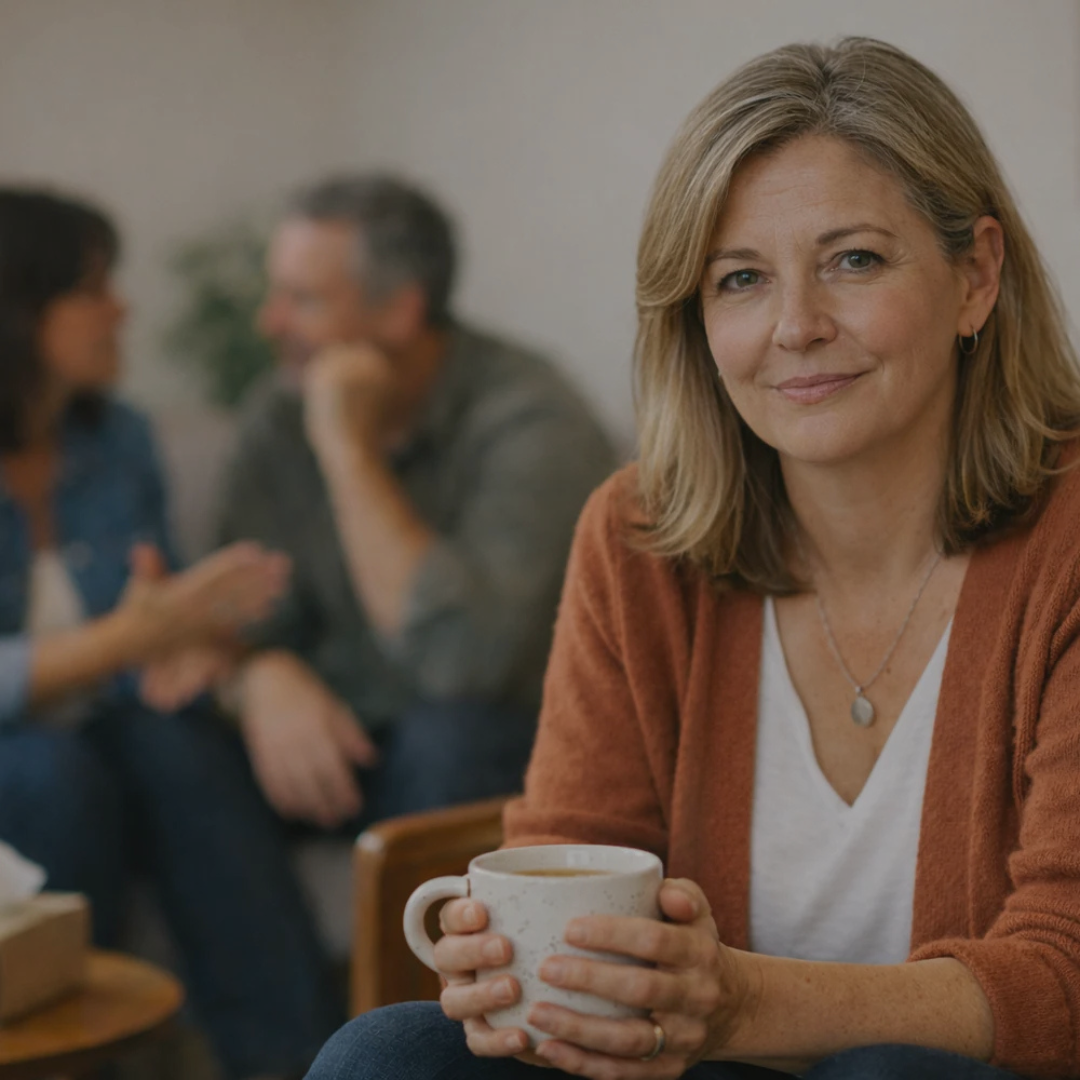 A couples therapist with blonde hair sits in a warm indoor setting, holding a speckled ceramic mug. She recently completed training in couples counselling that is helping the couple behind her.