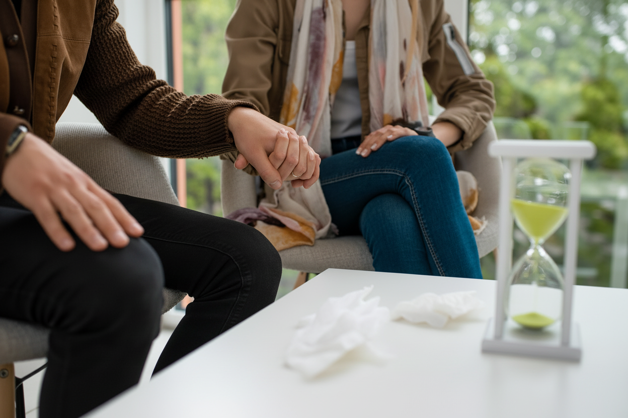 a couple holding hands during therapy