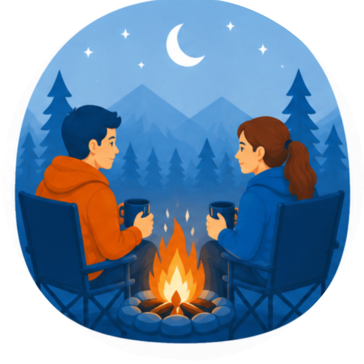 Couple sits across from each other around a campfire at night, holding warm drinks and maintaining calm connection, representing being present and connected in the moment.