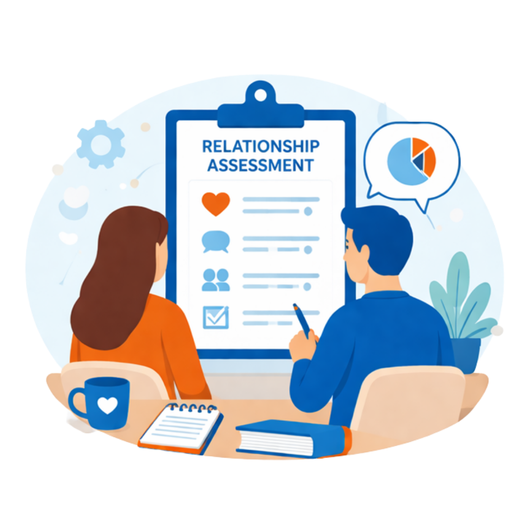 a couple reviews a “Relationship Assessment” clipboard with charts, symbolizing gaining a clearer, objective view of their relationship