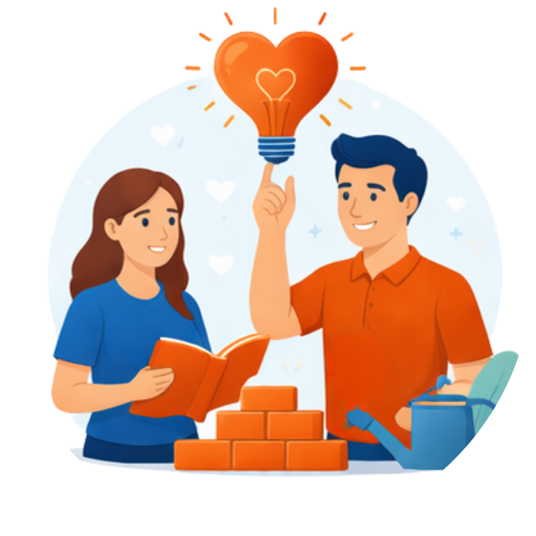 Couple working together to build a strong relationship, symbolised by a heart-shaped lightbulb