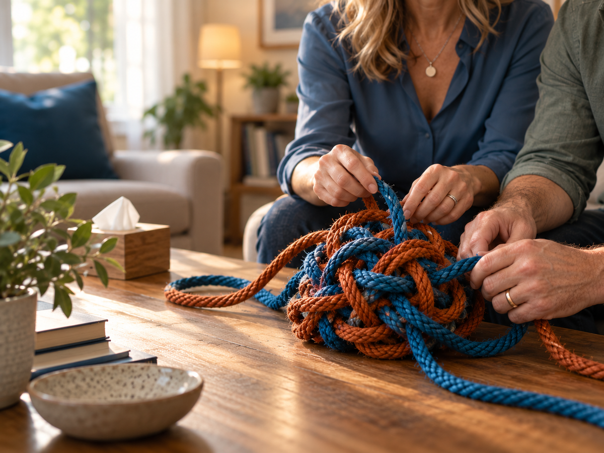 give me alt text
A man and woman wearing wedding rings work together to untangle intertwined blue and burnt orange ropes on a counselling table, symbolising the challenges of rebuilding trust after an affair.