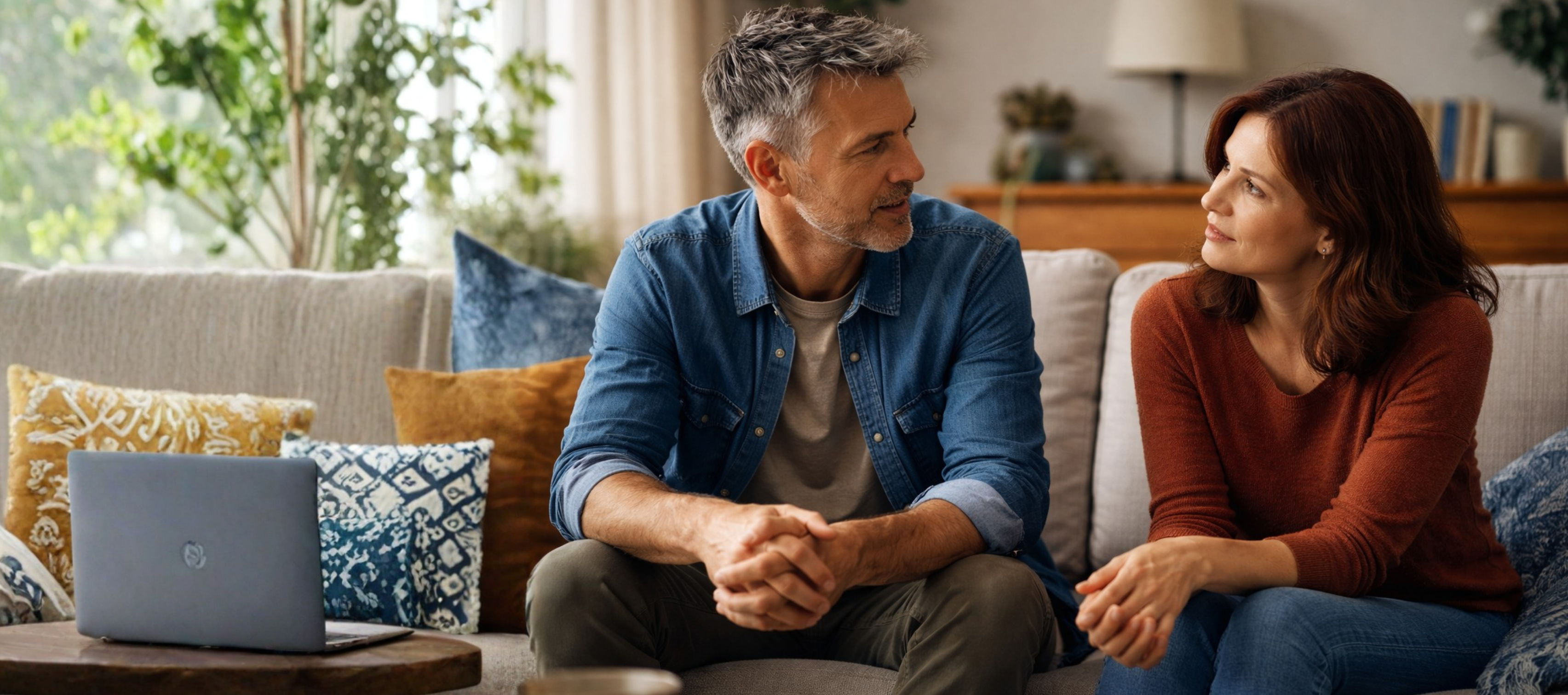 Middle-aged couple having a calm, thoughtful conversation while sitting together on a couch in a natural home environment