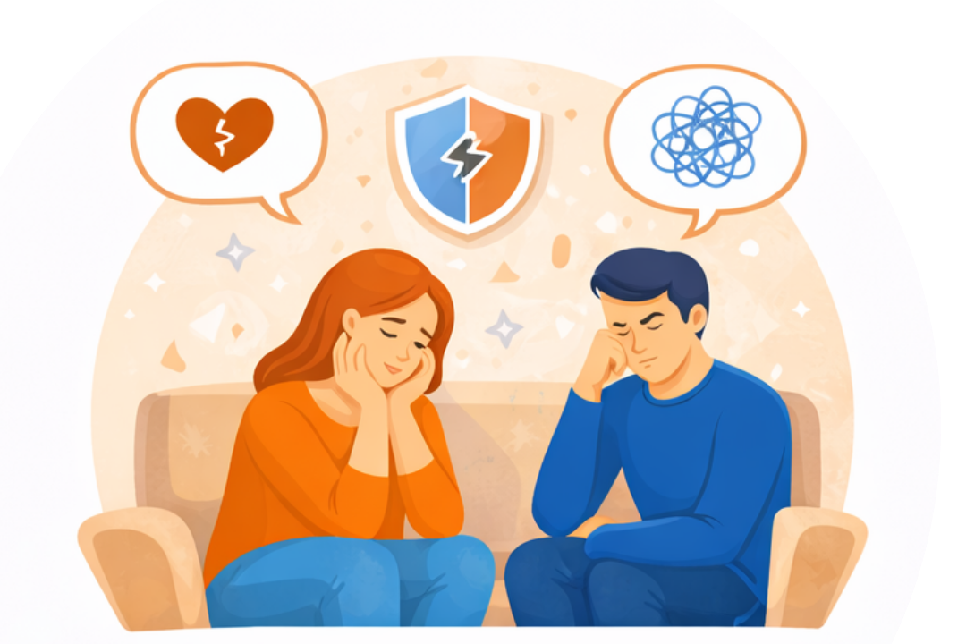 Couple feeling disconnected and overwhelmed, representing broken trust and deeper relationship issues
