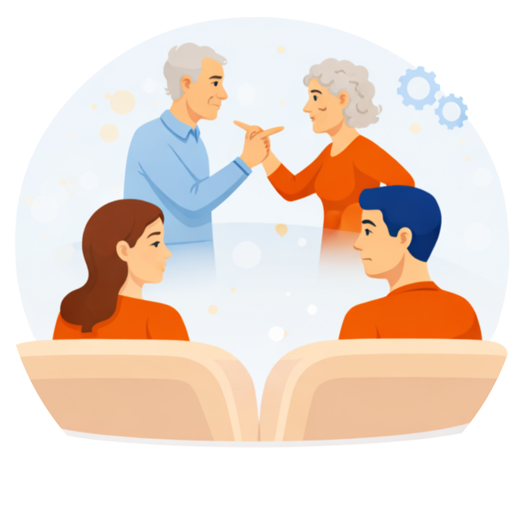 Couple watching an older couple arguing in the background, representing unhealthy relationship role models